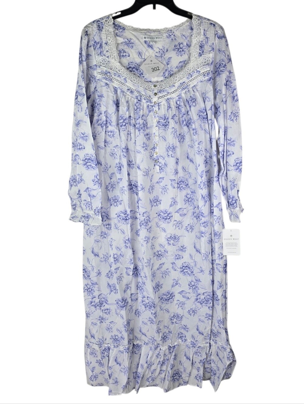 Eileen West Womens Large Ballet Long Floral Blue Roses 100% Cotton Night Gown